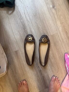 Michael Kors Dark Brown Logo Ballet Flats with Gold MK Medallion